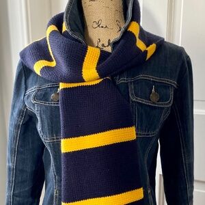 Long Neck Scarf. Polo Navy, Gold Winter Wool Muffler for Skiing, Snow. Unisex.